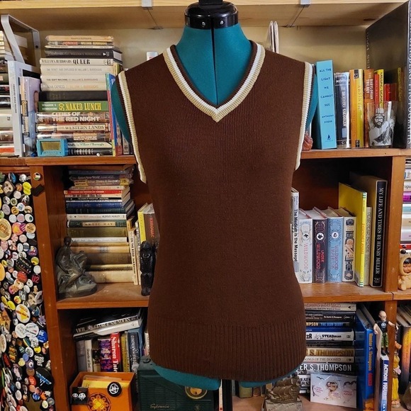 Vintage Sweaters - Vintage 1970s Brown V-Neck Sweater Vest Tan White Trim Retro Preppy Small